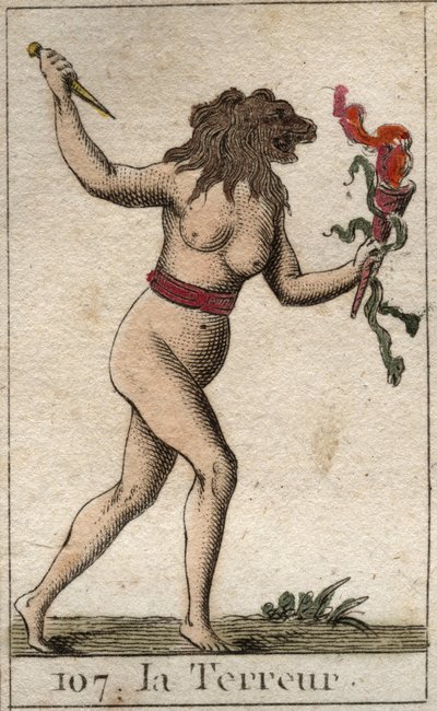 Repræsentation af terror, som en kvinde med et løvehoved, der holder en kniv og slanger. Fra "Mythology of Youth" af Pierre Blanchard 1803. af French School