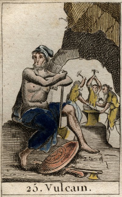 Repræsentation af Vulcan, gud for ild, smedje og vulkaner. (Vulcan, gud for ild og vulkaner). Fra "Mythology of Youth" af Pierre Blanchard 1803. af French School