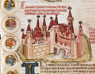 Repræsentation af en befæstet by svarende til Jerusalem Side taget fra manuskriptet "Genealogie de la Bible" fra den franske skole. 14. århundrede Cremone, biblioteca governativa af French School