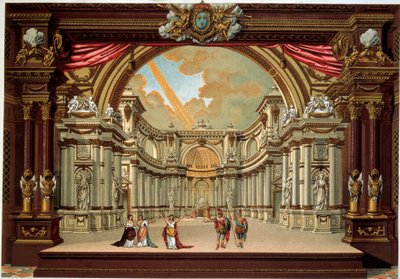 Repræsentation af et skuespil af Jean Baptiste Poquelin dit Moliere (1622-1673) på teatret på slottet i Versailles. Litografi af det 19. århundrede. Dekorativ kunst, Paris af French School