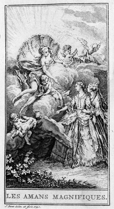 Repræsentation af en scene i stykket "" Les lovers magnificients"" (1670) af Jean Baptiste Poquelin dit Moliere (1622-1673). Stik fra 1740. af French School
