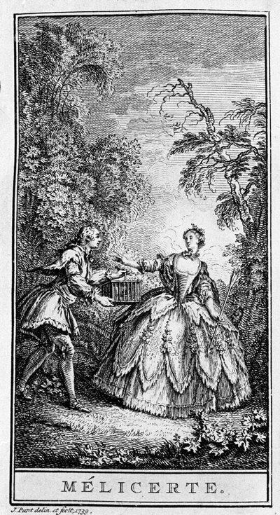 Repræsentation af en scene af stykket "" Melicerte"" (1666) af Jean Baptiste Poquelin dit Moliere (1622-1673). Stik fra 1739. af French School
