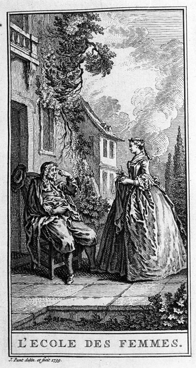 Repræsentation af en scene i stykket ""Kvindernes skole"" (1662) af Jean Baptiste Poquelin dit Moliere (1622-1673). Stik fra 1739. af French School
