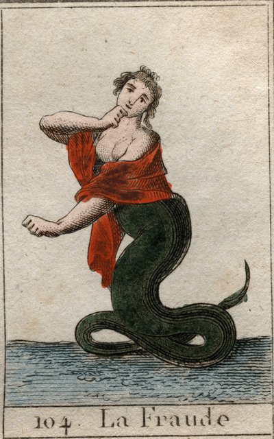 Repræsentation af snyd (uærlighed), som en farlig slange med et smilende kvindehoved). Fra "Mythology of Youth" af Pierre Blanchard 1803. af French School