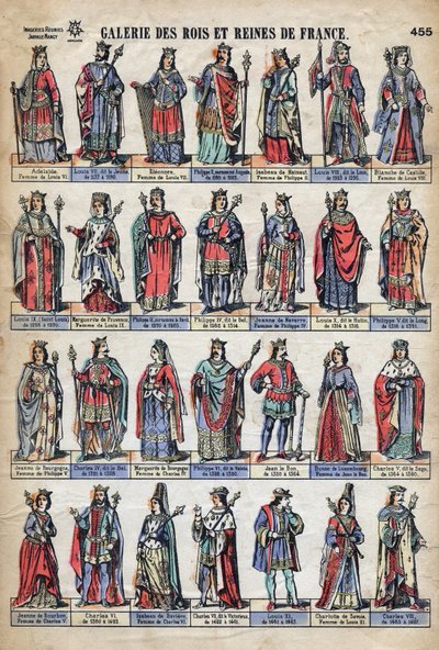 Repræsentation af konger og dronninger af Frankrig fra Capetian-dynastiet (fra Louis VII til Charles VIII). Illustration slutningen af det 19. århundrede. af French School