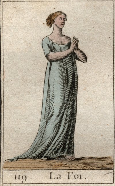 Repræsentation af troen, kvinde klædt i hvidt med sluttede hænder. (Troen som ung kvinde, klædt i hvid kjole, med sluttede hænder). Fra "Mythology of Youth" af Pierre Blanchard 1803. af French School