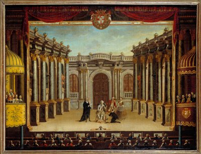 Repræsentation af "" Imaginary Malad" af Jean Baptiste Poquelin dit Moliere (1622-1673) på Menorca Theatre, Spanien; udsigt over scenen. Anonymt maleri af French School