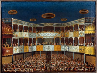 Repræsentation af "" Imaginary Malad" af Jean Baptiste Poquelin dit Moliere (1622-1673) på Menorca Theatre i Spanien; udsigt til salen og publikum. Maleri fra 1700-tallet. Paris, dekorativ kunst af French School