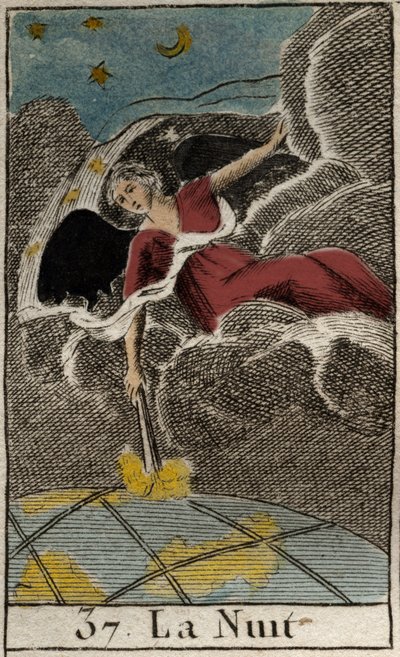 Repræsentation af natten (Nyx), mørkets gudinde. (Nyx (Natten), mørkets gudinde). Fra "Mythology of Youth" af Pierre Blanchard 1803. af French School