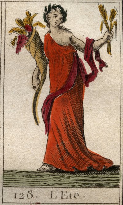 Repræsentation af sommersæsonen som Ceres, der holder en krans af hvede og et horn af overflod. (Sommeren repræsenteret som Ceres, der holder et blad og et overflødighedshorn). Fra "Mythology of Youth" af Pierre Blanchard 1803. af French School