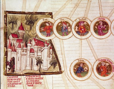 Repræsentation af byen Nimrud (Kalkhu eller Kalhu eller Kalwakhum og Kalakh) og genealogien af Labans og Rebecca Pages familie taget fra manuskriptet "Genealogy de la Bible"" fra den franske skole. Cremone fra det 14. århundrede, biblioteca governativa af French School