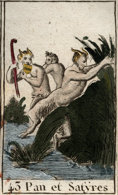 Repræsentation af landsguden Pan og satyrer. Han har behårede lår, gedefødder og spiller fløjte (Syrinx) har flere piber. (Bønderguden Pan, repræsenteret med satyrer, han har lodne ben og gedefødder, han spiller syrinx eller panfløjte) Fra “Mythologie de af French School