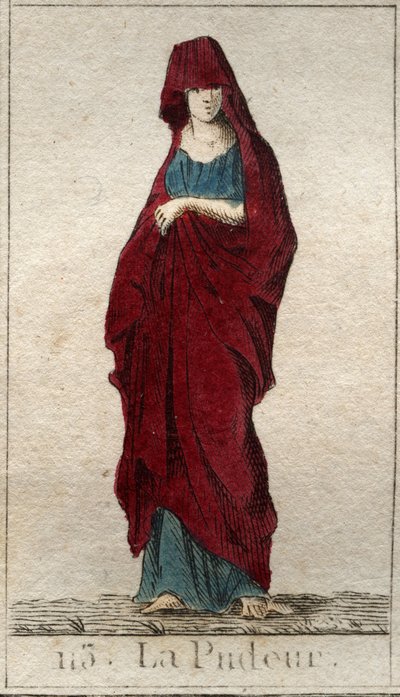 Repræsentation af Modestys guddom, en ung kvinde med et ansigt dækket med et slør. (Repræsentation af Prudishness, som en kvinde med tilsløret ansigt). Fra "Mythology of Youth" af Pierre Blanchard 1803. af French School