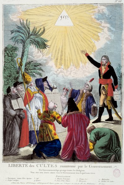 Repræsentation af tilbedelsesfriheden for alle religioner, der opretholdes af Napoleon Bonaparte (1769-1821): den første konsul angiver treenighedens trekant, der symboliserer Gud, der kommer af repræsentanterne for hver religion: katolsk eveque, en jøde,  af French School