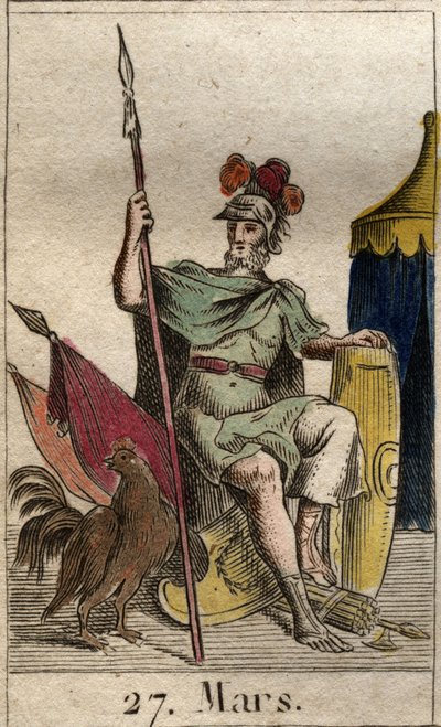 Repræsentation af krigsguden Mars, våben, nær en hane. (Krigsguden Mars bevæbnet med en stud). Fra "Mythology of Youth" af Pierre Blanchard 1803. af French School