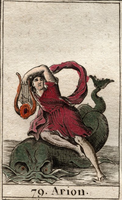 Repræsentation af den legendariske græske digter Arion de Methymne, charmør af delfiner ved hans cithare (Repræsentation af Arion, græsk digter, der charmerer delfinerne ved at spille kithara). Fra "Mythology of Youth" af Pierre Blanchard 1803. af French School