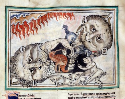 Repræsentationer af underverdenens skabninger, der slår den forbandede Miniature taget fra "The Apocalypse of Cambrai"" oplyst af den franske skole i det 13. århundrede. Fru 422. Kommunebibliotek, Cambrai af French School