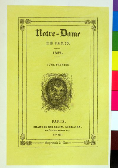 Gengivelse af forsiden af den første udgave af Notre-Dame de Paris af Victor Hugo (1802-85) udgivet i 1831 af French School