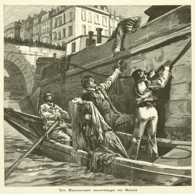 Redning af en kvinde fra floden Seinen i Paris (gravering) af French School