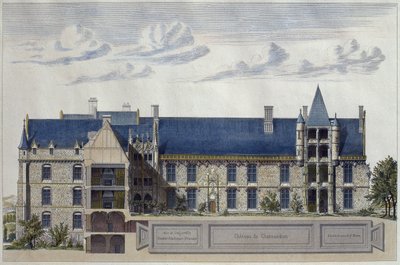 Restaurering af Chateau de Chateaudun, illustration fra Le Moniteur des architectes, graveret af H. Penel (farvestik) af French School