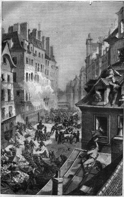 Revolution af 1830: kamp i faubourg Saint Antoine. Indgravering i "Historien om paver-konger-dronninger og kejsere gennem århundrederne"" af Maurice Lachatre af French School