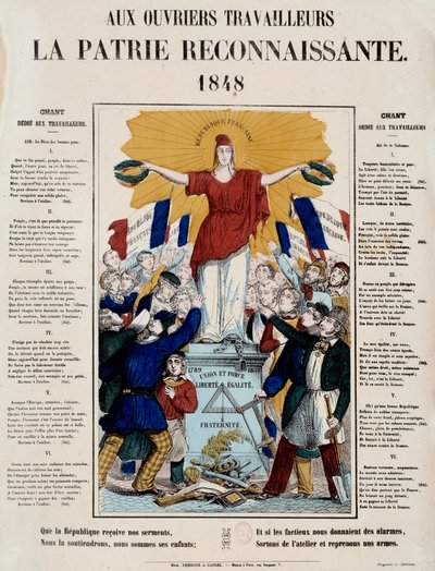 Revolution i 1848 og fødslen af den anden republik: manifest og sang med titlen "Til arbejdere, det taknemmelige hjemland", Republique bliver mødt af arbejderne. 1848 Paris, Musee Carnavalet af French School