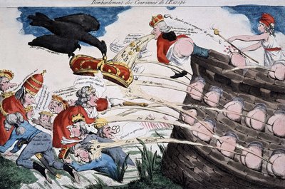 Revolutionære guider af Marianne, der bomber europæiske suveræner med deres lort. Tegneserie udgivet under den franske revolutions periode. Ætsning. 1792. Musee Carnavalet. af French School