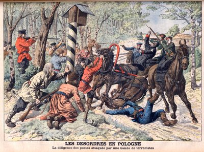 Revolutionær i Polen - Terrorister angriber en postvogn i Polen. Deorderne i Polen. Flid af de stillinger, der blev angrebet af en bande terrorister. Illustration til Le petit Journal af French School