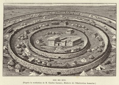 Ring des Huns. Ringformede fæstningsværker, der beskytter en hunernes bosættelse (gravering) af French School