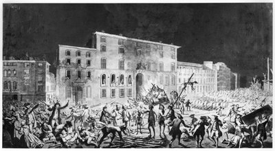 Optøjer i Lyon, 27. november 1768 (blæk og vask på papir) af French School
