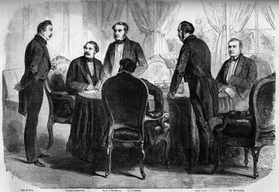 Risorgimento - Zürich-traktaten - 10. november 1859: undertegnelse af Zürich-traktaten af Frankrigs, Østrigs og Sardiniens befuldmægtigede. Østrig må overgive Lombardiet til Italien. Indgravering i "" Le Monde Illustré"" nr. 136 af 19. november 1859. af French School
