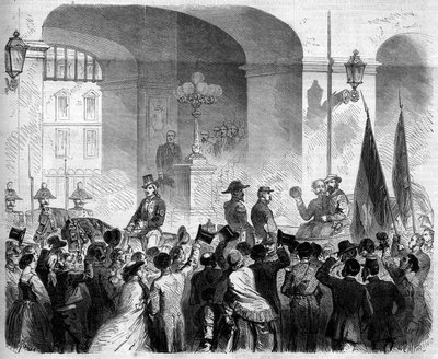 Risorgimento, Napoli, 7. november 1860: Victor Emmanuel II (Victor-Emmanuel) (Vittorio Emanuele) (1820-1878), konge af Italien, indtog det kongelige palads i Napoli efter afstemningen blandt befolkningen, der accepterede Napolis tilknytning til Napoli Kong af French School