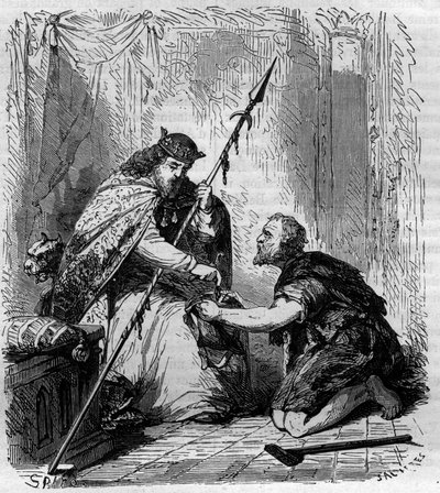 Robert II den fromme (972-1031), konge af Frankrig, uddeler almoner. Indgravering i "Historien om paver-konger-dronninger og kejsere gennem århundrederne"" af Maurice Lachatre af French School