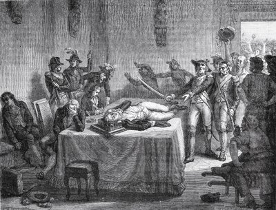 Robespierre venter på henrettelse efter at have skudt sig selv i kæben i 1794 af French School