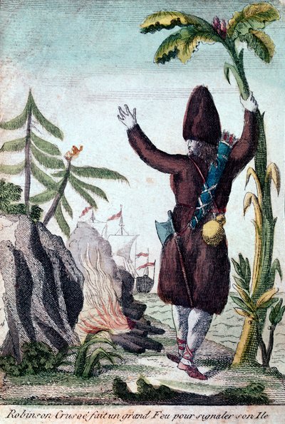Robinson Crusoe laver bål for at henlede opmærksomheden på sin ø, Imagerie Basset (farvegravering) af French School