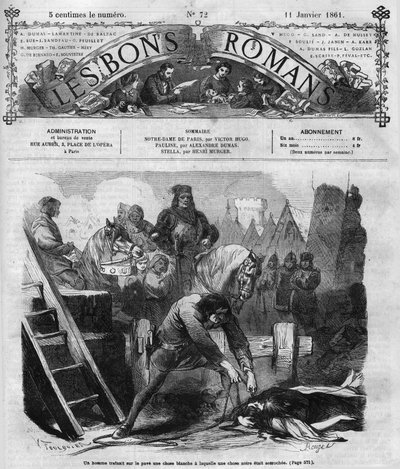 Romersk føljeton: "" Notre Dame de Paris"" af Victor Hugo (1802-1885). En mand dræner to kvinder på broen. Indgravering i "" Les bons romances"" af French School