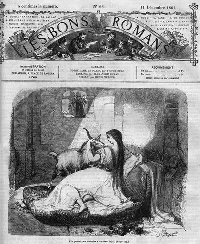 Romersk føljeton: "" Notre Dame de Paris"" af Victor Hugo (1802-1885). Esmeralda og geden. Indgravering i "" Les bons romances"" af French School