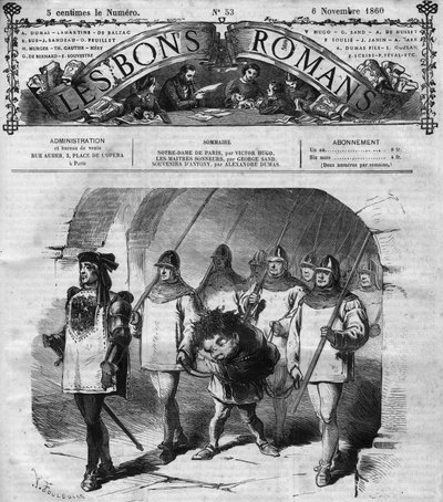 Romanserie: „Notre Dame de Paris“ von Victor Hugo (1802-1885). Quasimodos Verhaftung. Gravur in „Les bons romances“ von French School