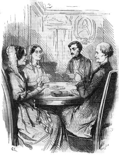 Romersk føljeton: "" Greven af Monte Cristo"" (Monte-Cristo) af Alexandre Dumas (1802-1870). Et spil kort mellem fire karakterer. Indgravering i "" Les bons romances"" af French School