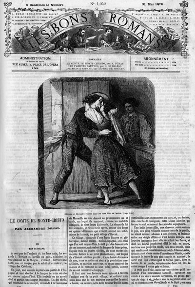 Romersk føljeton: "" Greven af Monte Cristo"" (Monte-Cristo) af Alexandre Dumas (1802-1870). Sexscene mellem Edmond Dantes og Mercedes. Indgravering i "" Les bons romances"" af French School
