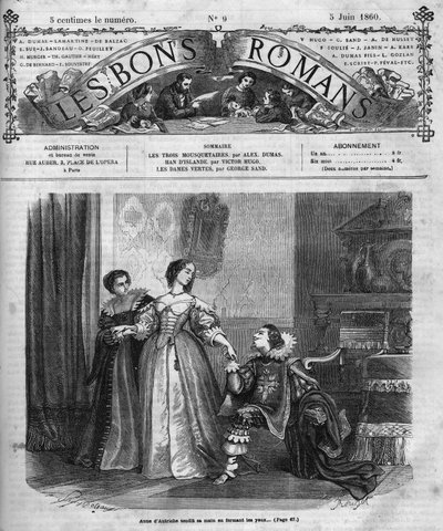 Romersk føljeton: "De tre musketerer" af Alexandre Dumas pere (1802-1870). Anne af Østrig (1601-1666) forærer hertugen af Buckingham (Georges Villiers) en æske med hendes diamantfritter. Illustration af kapitel XII. Indgravering i "" Les bons romances af French School