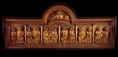 Romansk kunst: altertavle af Pentecote: antependium i træ, kobber og emalje. Fra Stavelot (Meuse) Omkring 1160-1170. Paris, Nationalmuseet for middelalderen, Thermes de Cluny af French School