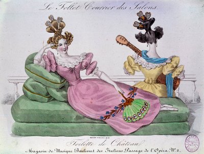 Romantisk mode: Chateau toilet. To kvinder med ekstravagante frisurer på en canape. Indgravering af det 19. århundrede. Paris, Musée Carnavalet af French School
