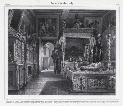 Værelse på Hotel de Cluny, Paris, hvor Mary Tudor tilbragte sin sørgeperiode i 1515 efter sin mands, kong Ludvig XII af Frankrigs død (litho) af French School