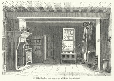 Værelse i Hotel de France i St. Malo, Bretagne, hvor den franske forfatter og politiker Francois-Rene de Chateaubriand blev født (gravering) af French School