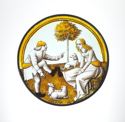 Roundel med par, der leger på Quintain, ca. 1500 (glas, glasagtig maling og sølvbejdse) af French School
