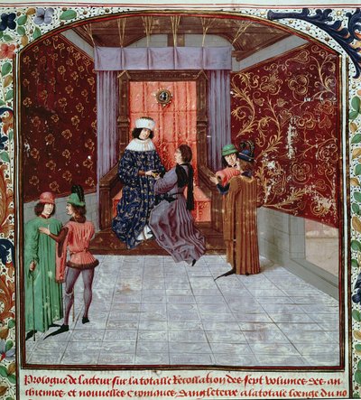Roy 15 E IV f.14 Edward IV modtager bogen fra forfatteren, fra Old Chronicles of England, af Jean Batard de Wavrin, c.1470-80 (vellum) af French School