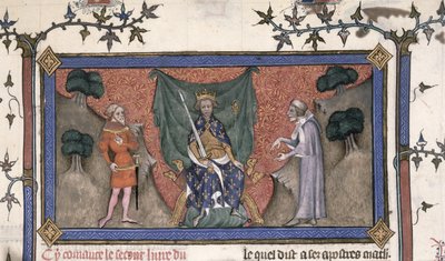 Roy 19 C IV f.154 Kong Charles V (1337-80) af Frankrig tronet med krone, sværd og scepter mellem en ridder og en kontorist af French School