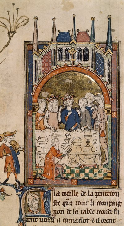 Royal 14 E. III, f.89, Kong Arthurs Fest, Kong Arthur og Guinevere ved en banket, med en tjener knælende foran bordet, der skærer brød, fra 