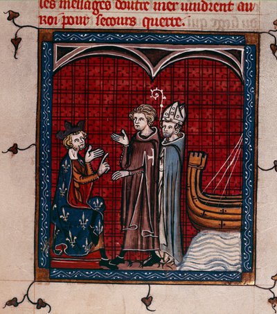 Royal 16 G. VI, f.337 Kong Philip II og Patriark, illustration fra 